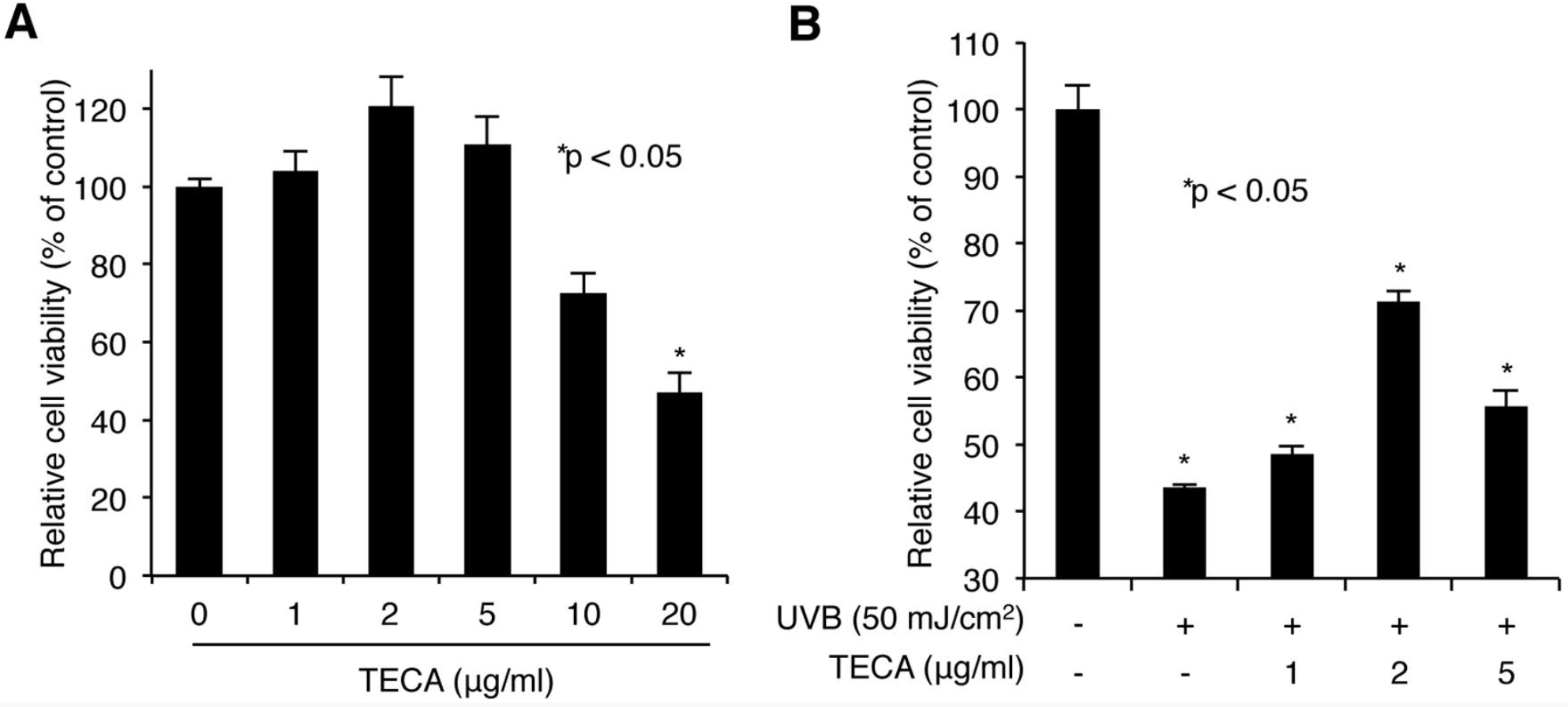 Titrated extract of Centella asiatica (TECA) reduces cytotoxicity and improves UVB protection in HaCaT keratinocytes, assessed by WST-1 assay.